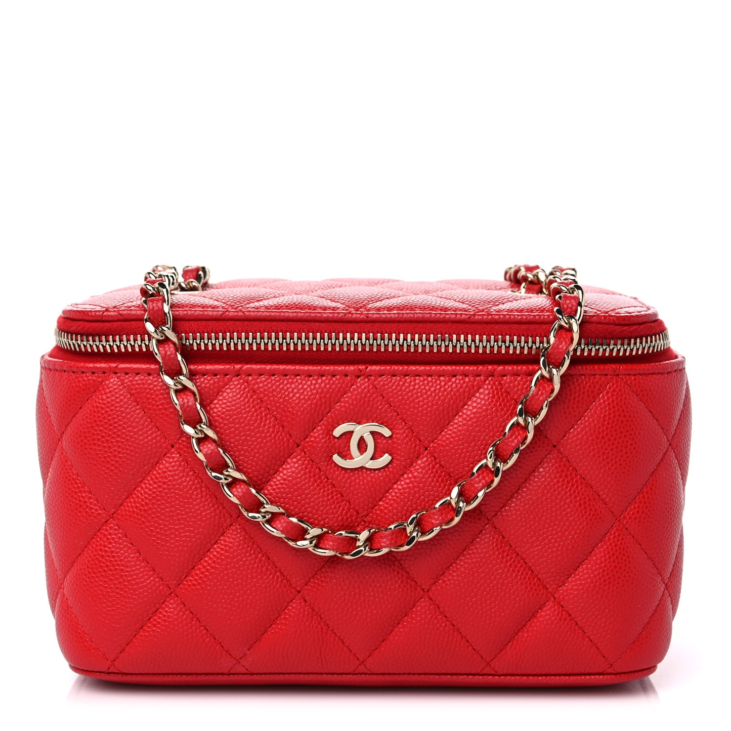 Caviar Quilted Small Vanity Case With Chain Red