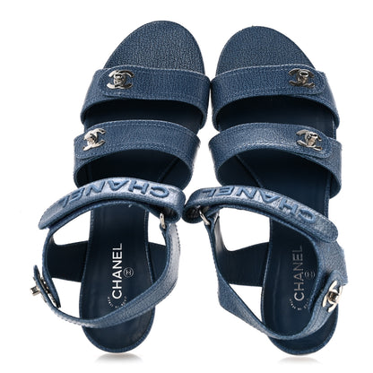 Chanel Iridescent Calfskin Logo CC Turnlock Sandals 39 Blue 2 of 10