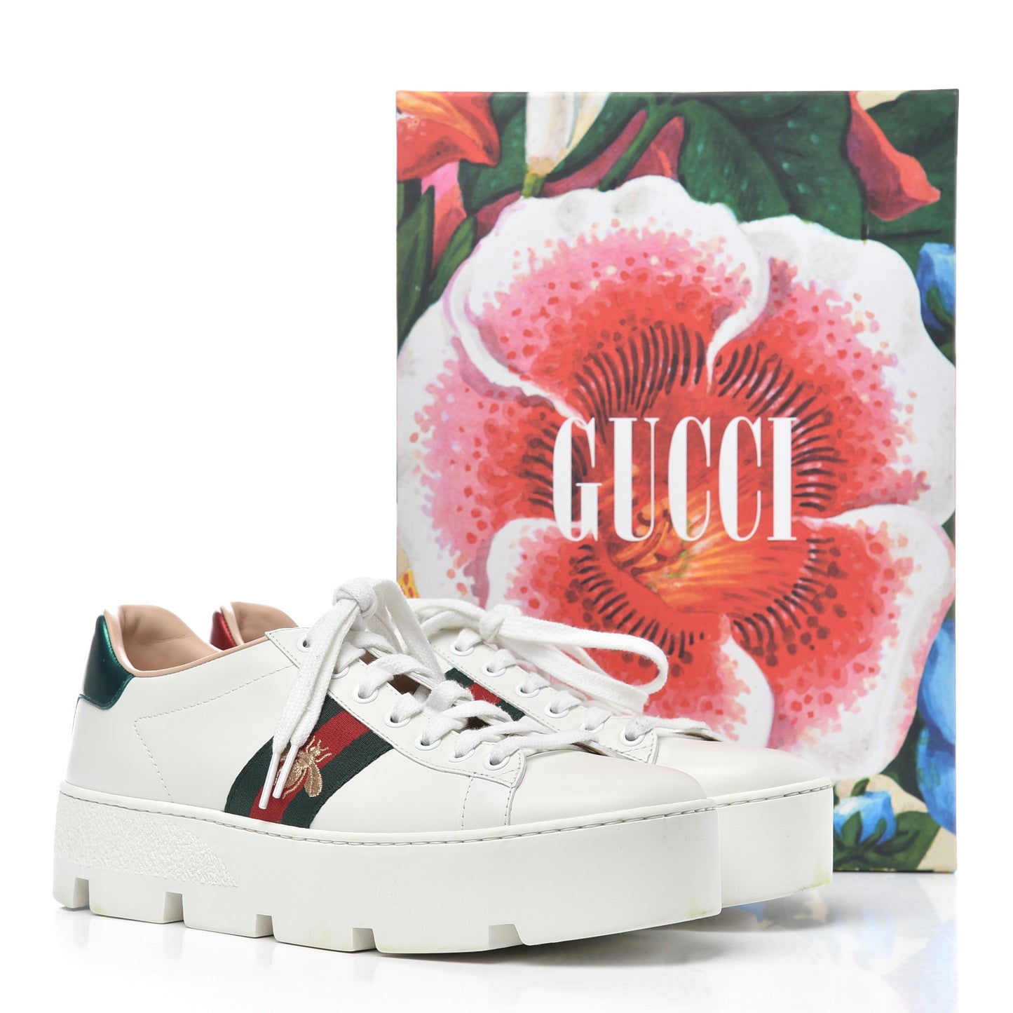 Calfskin Web Bee Embroidered Womens Ace Platform Sneakers 39.5 White