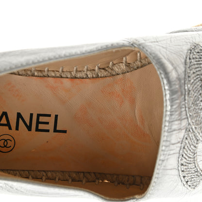 Chanel Metallic Lambskin Grosgrain Embroidered CC Espadrilles 38 Silver Black 13 of 13