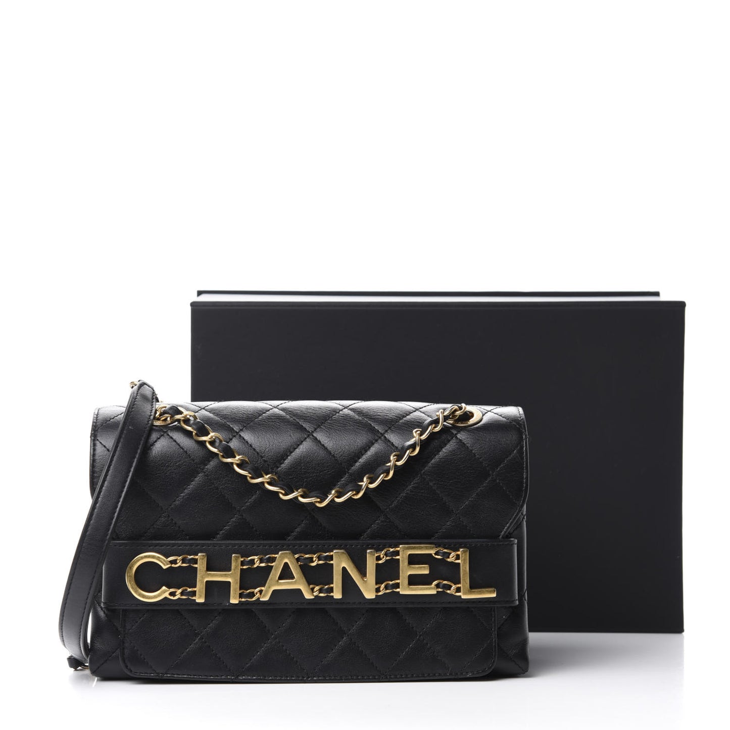 Calfskin Quilted Enchained Flap Black