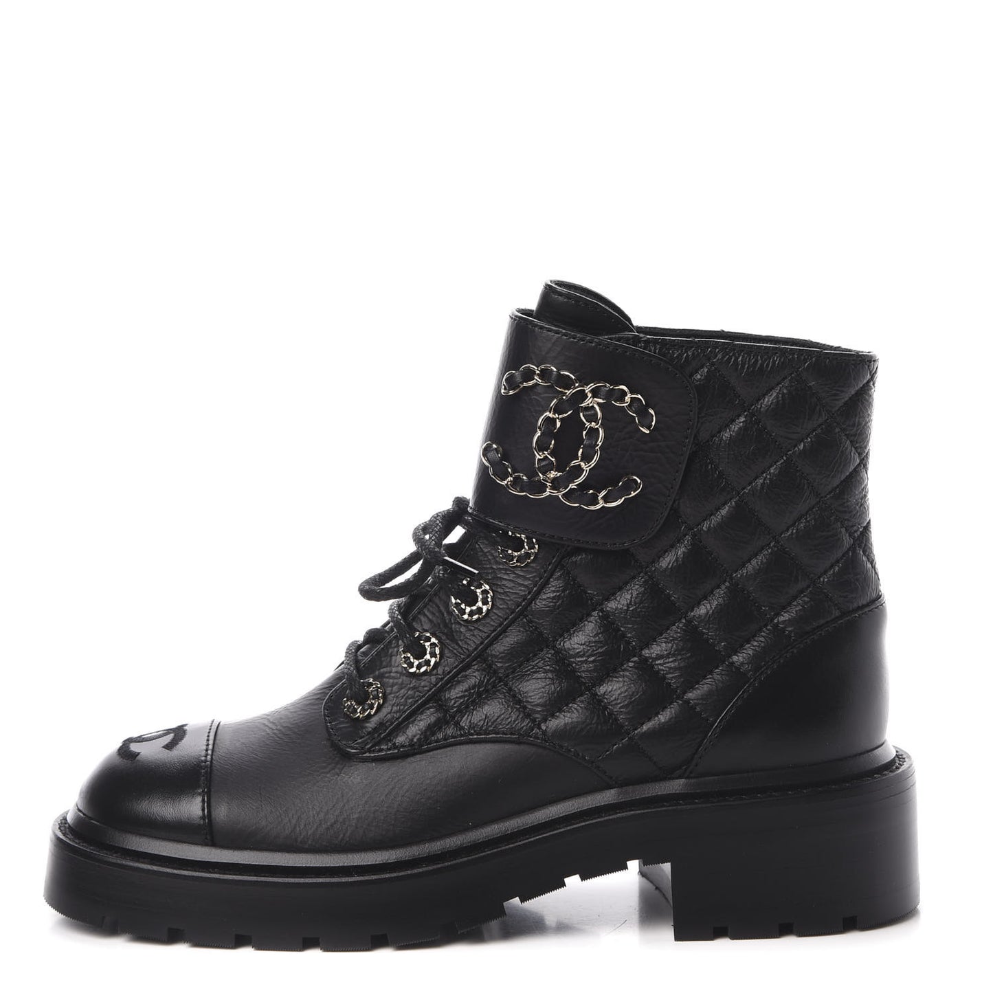Shiny Goatskin Calfskin Quilted Lace Up Combat Boots 36 Black