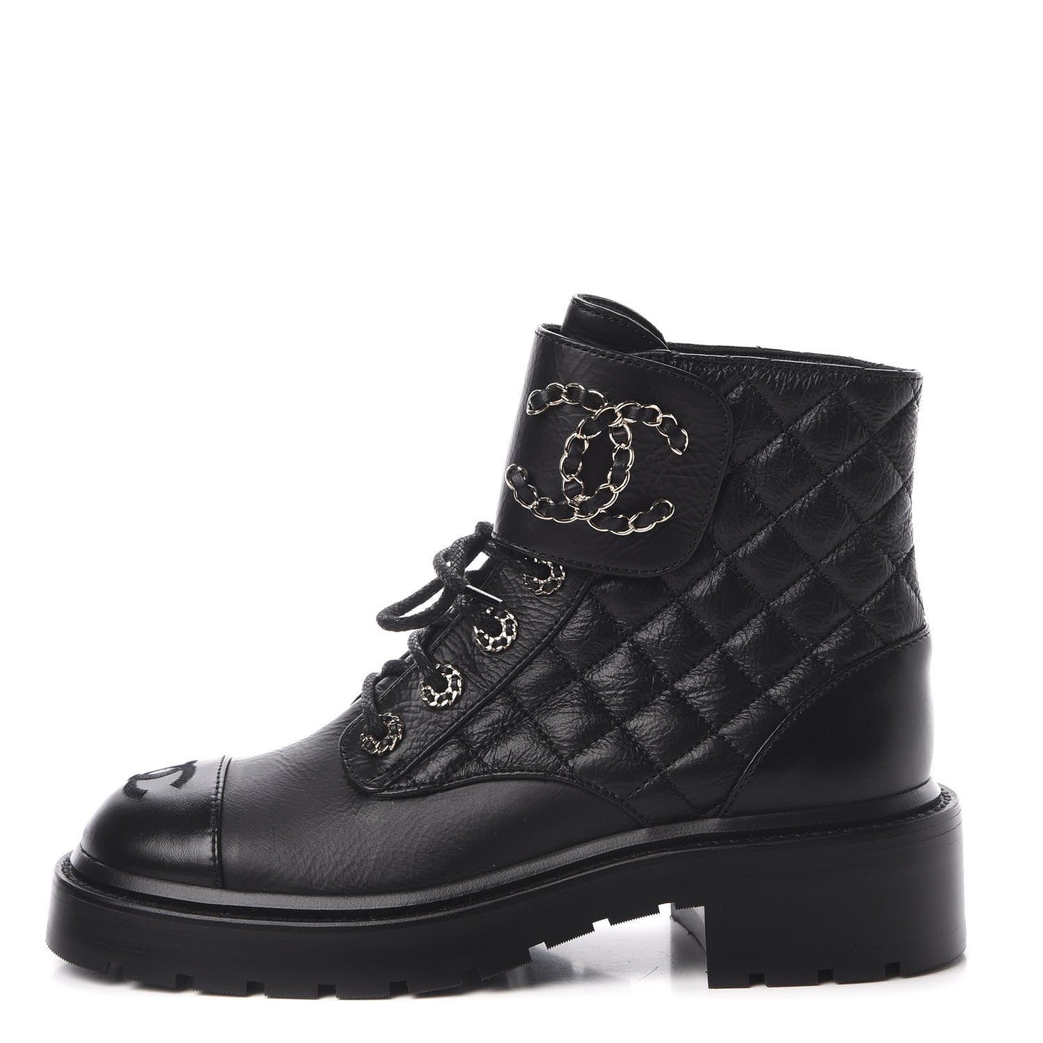 Chanel Shiny Goatskin Calfskin Quilted Lace Up Combat Boots 36 Black 1 of 9