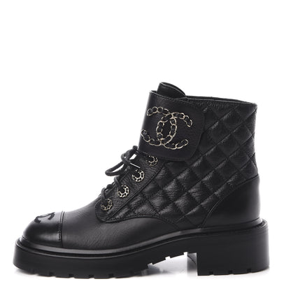 Chanel Shiny Goatskin Calfskin Quilted Lace Up Combat Boots 36 Black 1 of 9