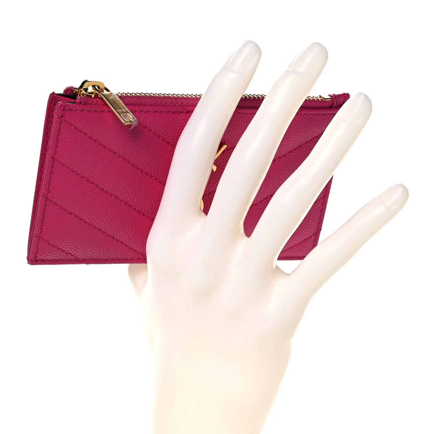 Saint Laurent Grain De Poudre Matelasse Chevron Monogram Fragments Zippered Card Case Fresh Fuxia 2 of 8