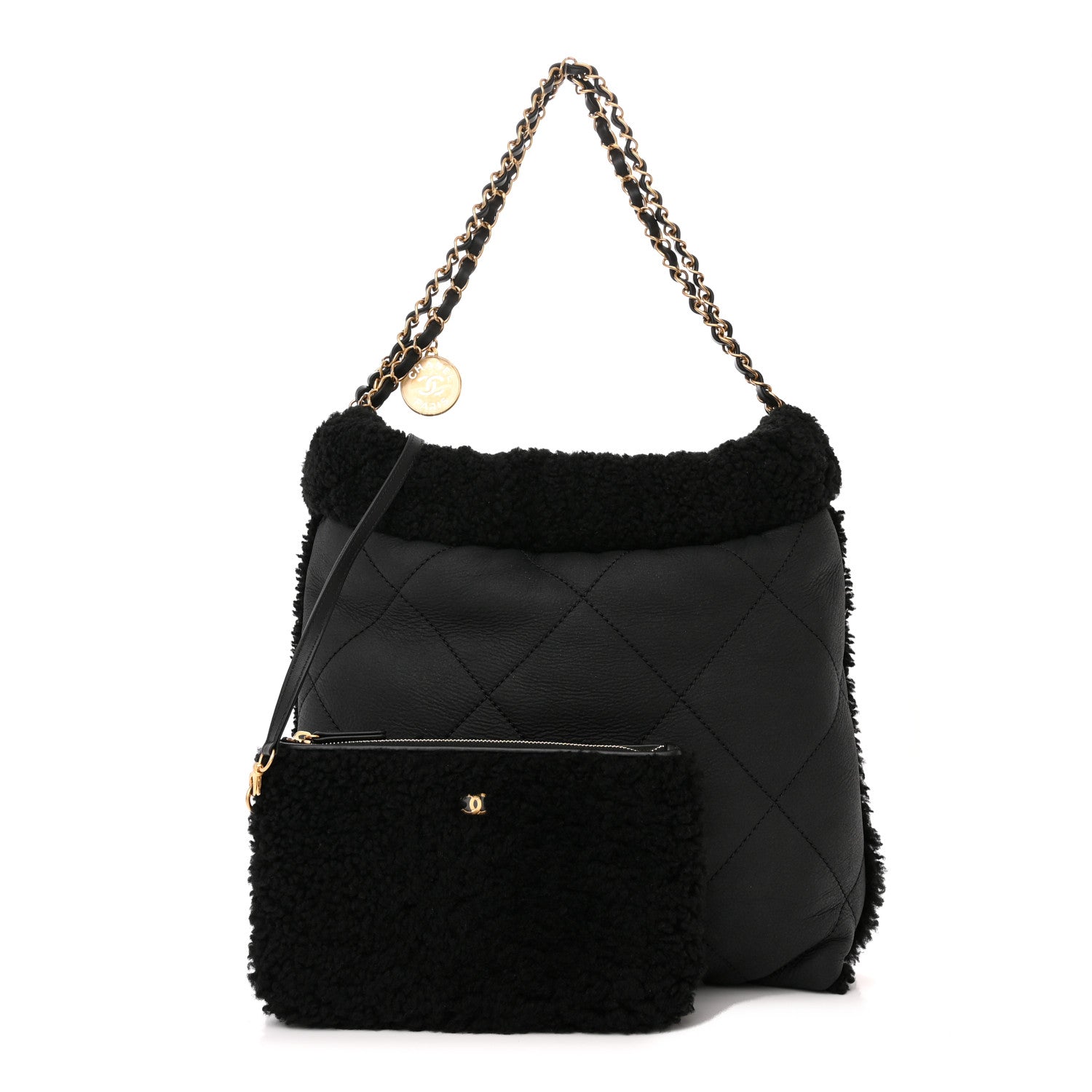 Chanel Shearling Aged Lambskin Quilted Small Chanel 22 Black 1 of 11