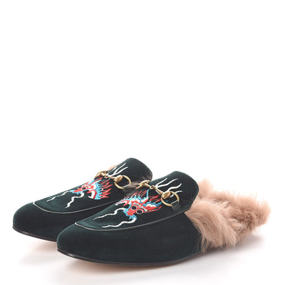 Gucci Velvet Fur Dragon Embroidered Mens Princetown Slippers 11 Zaffre Dark Zaffre 3 of 8