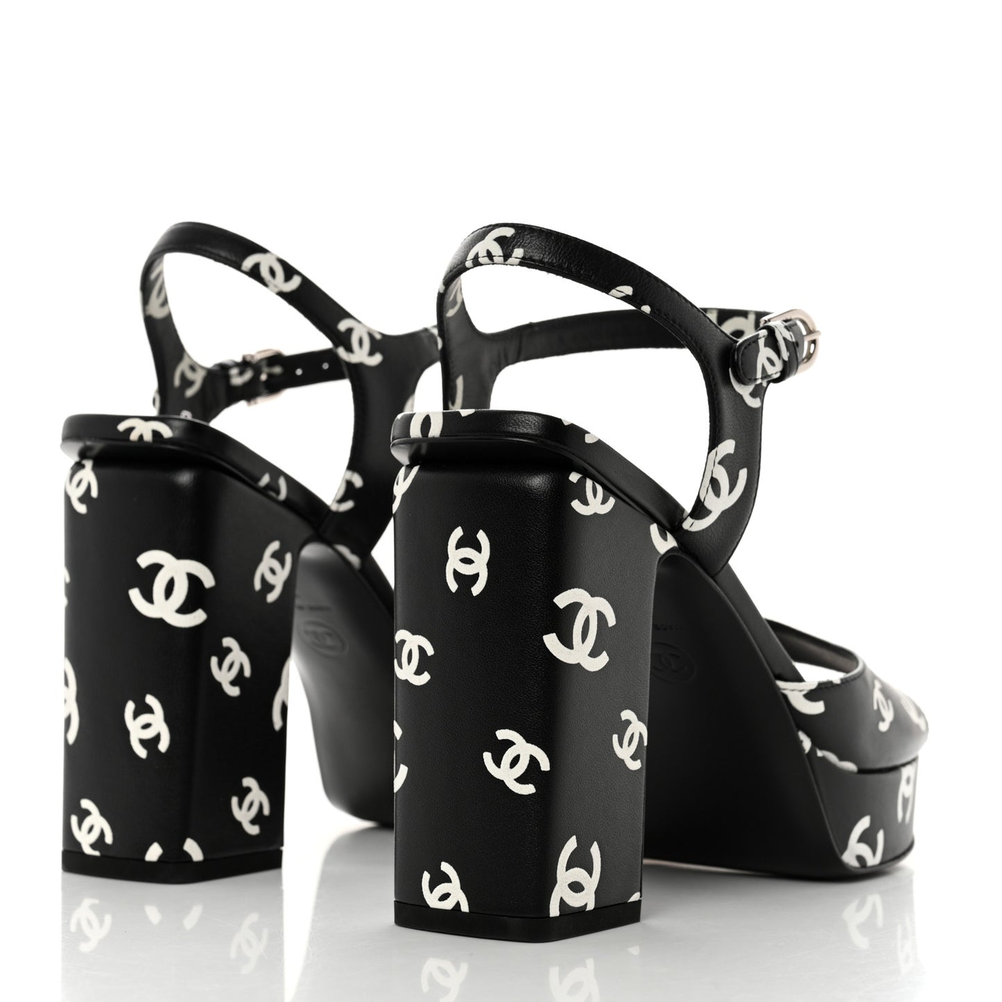 Printed Lambskin CC Platform Sandals 39 Black White