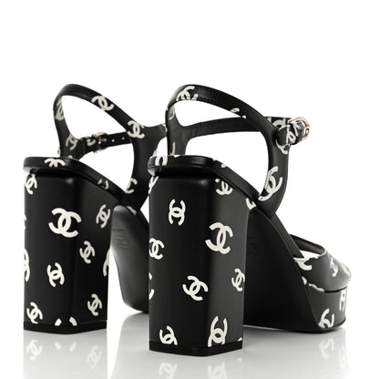 Chanel Printed Lambskin CC Platform Sandals 39 Black White 4 of 9