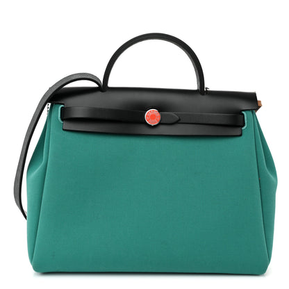 Hermes Military Toile Vache Hunter Laque Horseshoe Herbag Zip Retourne PM 31 Malachite 1 of 12