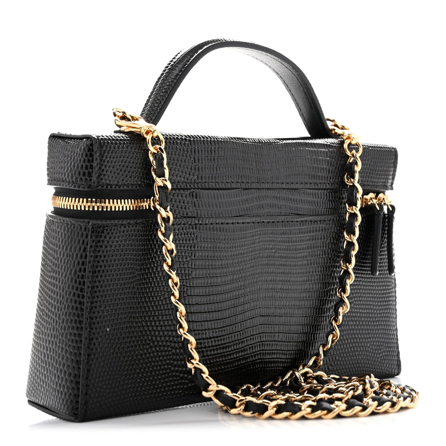 Lizard Embossed Calfskin Top Handle Slim Vanity With Chain Black