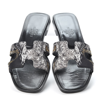 Hermes Silk Printed Equateur Tattoo Oran Sandals 35.5 Black 5 of 9