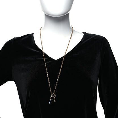 Louis Vuitton Metal Onyx Crystal Padlock And Key Pendant Necklace Gold Black 2 of 6