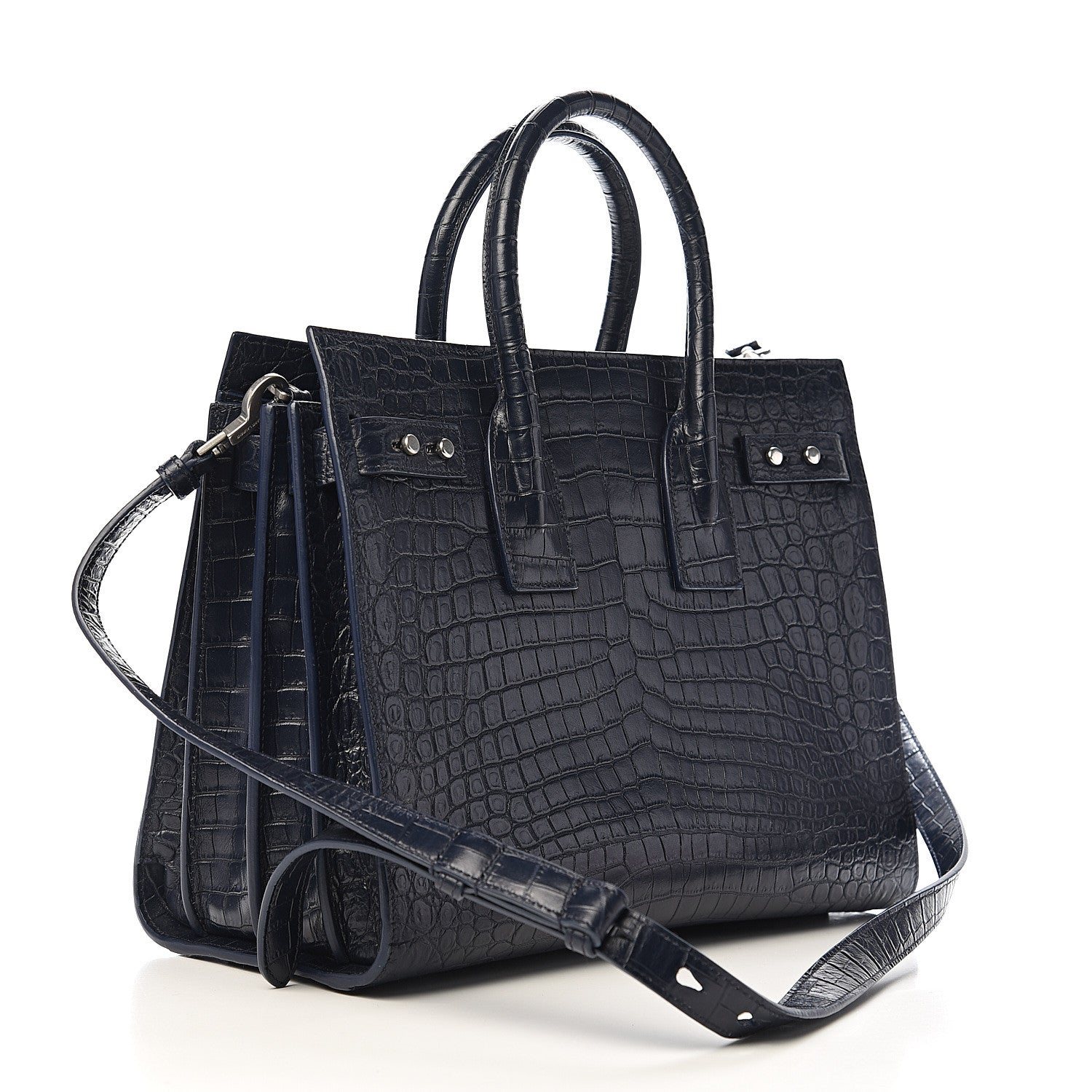 Saint Laurent Calfskin Crocodile Embossed Small Supple Sac de Jour Navy 2 of 8
