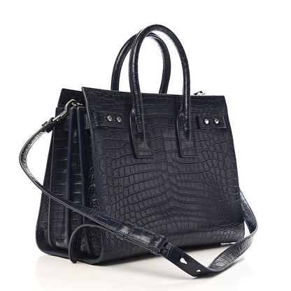 Saint Laurent Calfskin Crocodile Embossed Small Supple Sac de Jour Navy 2 of 8