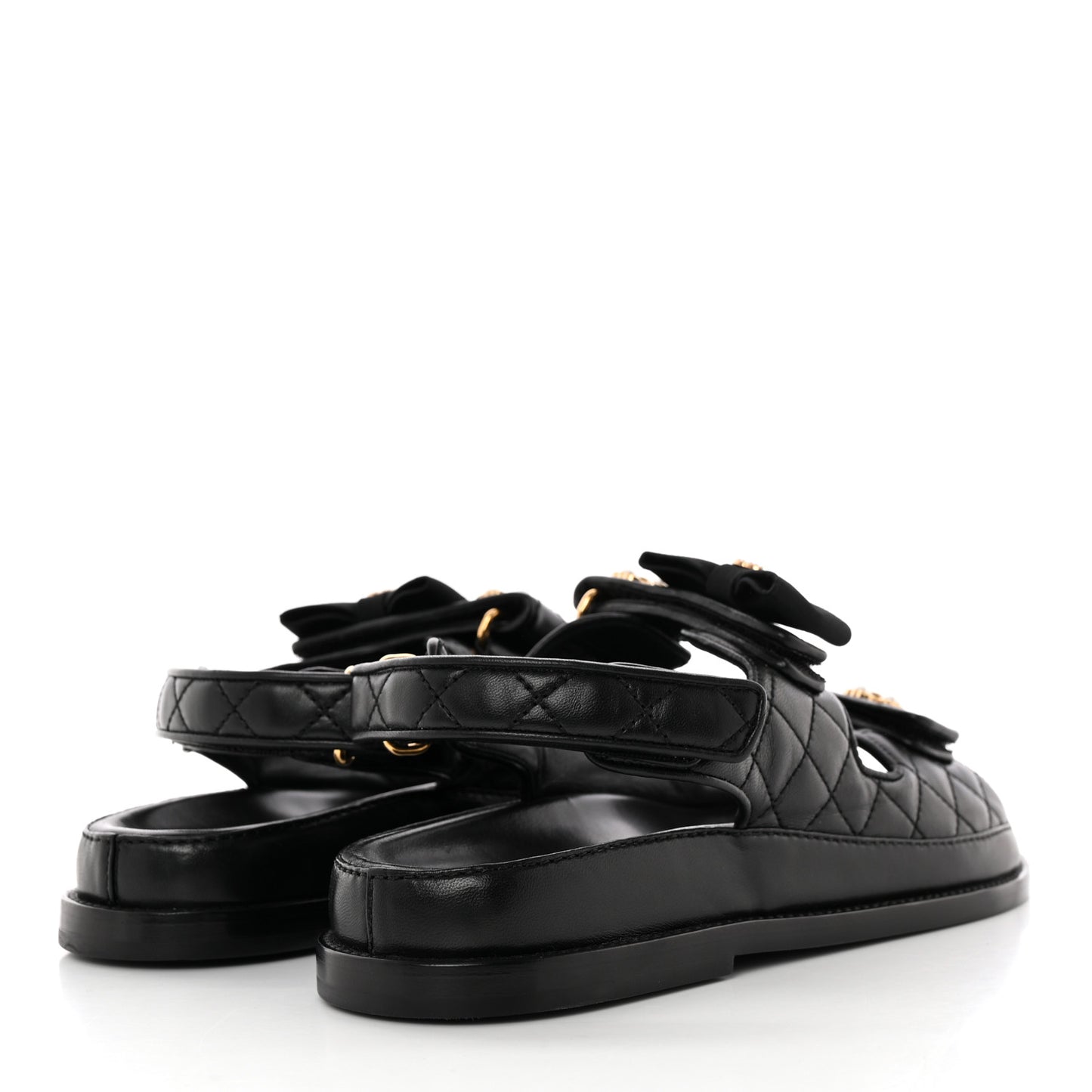 Lambskin Velcro CC Pearl Bow Dad Sandals 39 Black