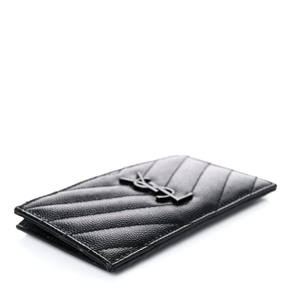 Saint Laurent Grain De Poudre Matelasse Chevron Monogram Fragments Zippered Card Case Black 4 of 11