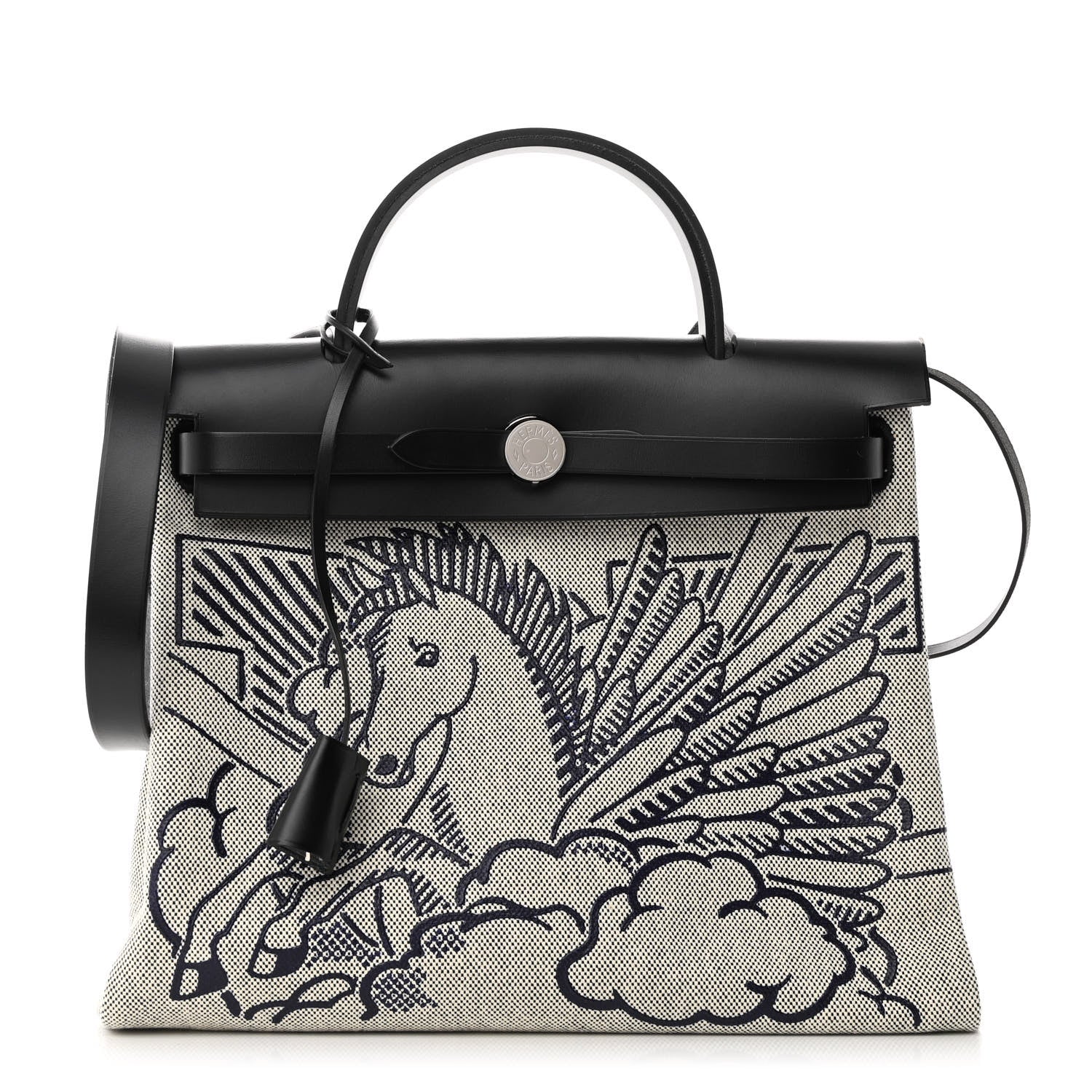 Hermes Vache Hunter Toile H Pegase Pop Herbag Zip Retourne 31 PM Bleu Indigo Ecru Black 3 of 11