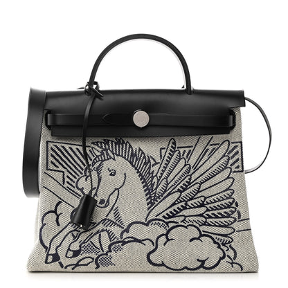 Hermes Vache Hunter Toile H Pegase Pop Herbag Zip Retourne 31 PM Bleu Indigo Ecru Black 3 of 11