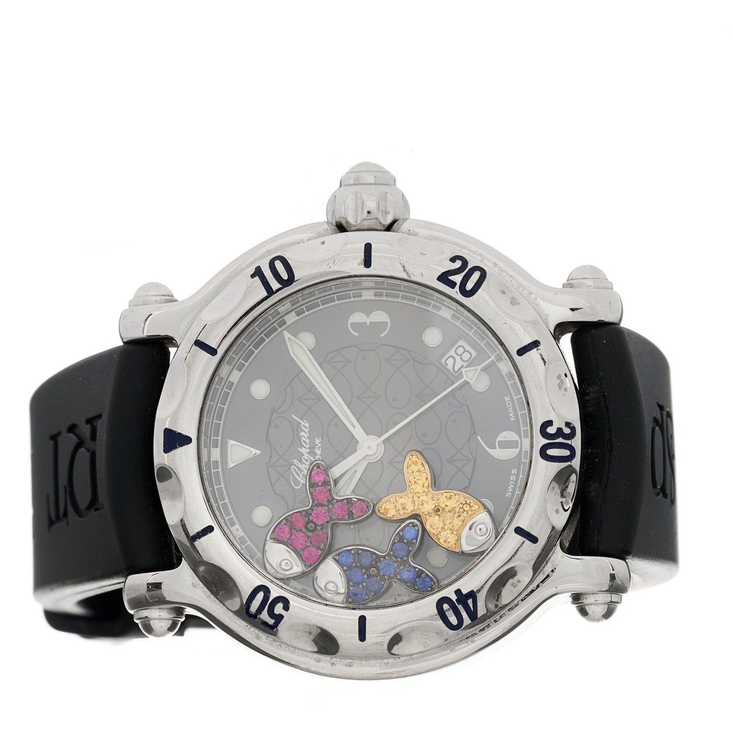 Stainless Steel Rubber Ruby Yellow Blue Sapphire 38mm Happy Sport Fish Quartz Watch Black