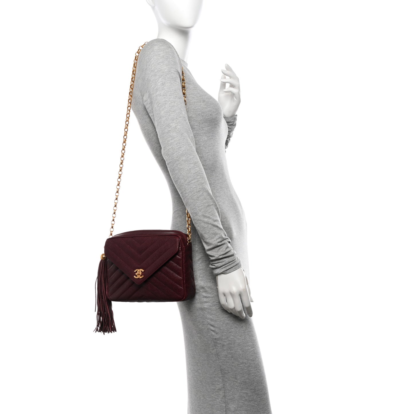 Caviar Chevron Quilted Tassel Camera Case Burgundy
