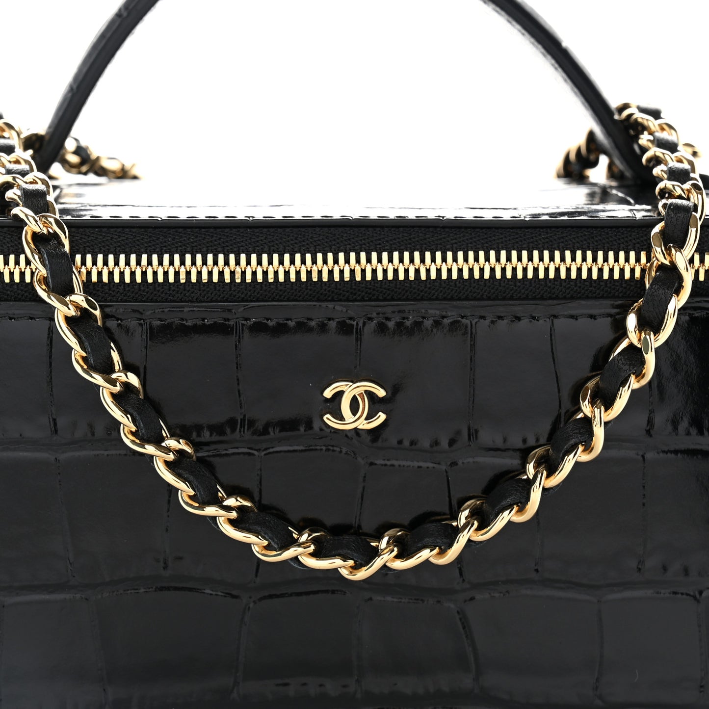 Calfskin Crocodile Embossed Crococo Small Top Handle Vanity Case With Chain Black