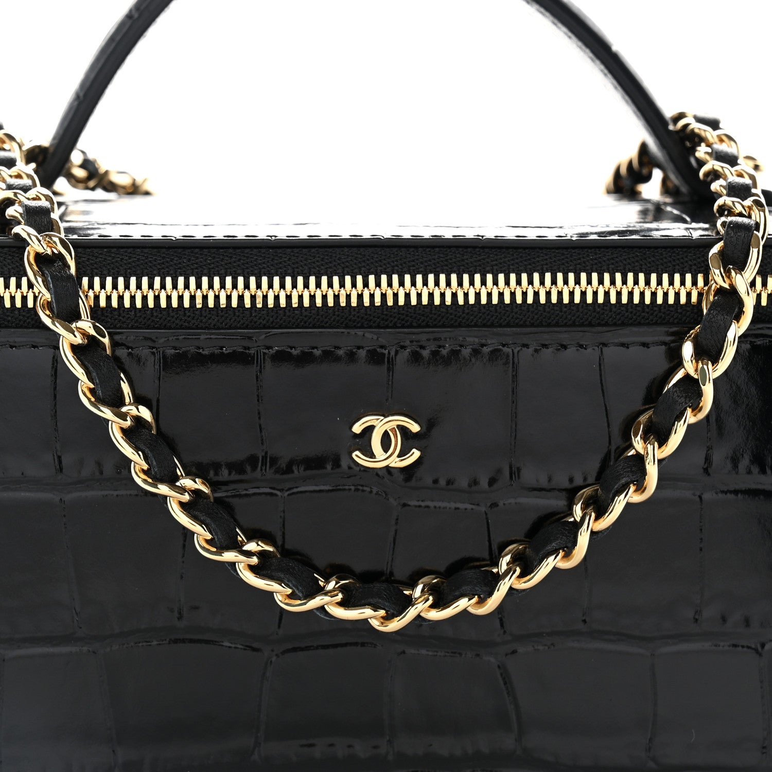 Chanel Calfskin Crocodile Embossed Crococo Small Top Handle Vanity Case With Chain Black 8 of 11