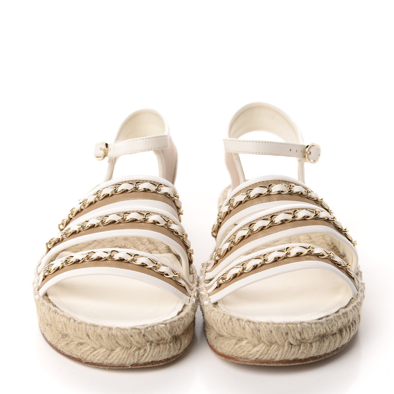 Chanel Lambskin Chain Espadrille Sandals 41 Beige White 2 of 13