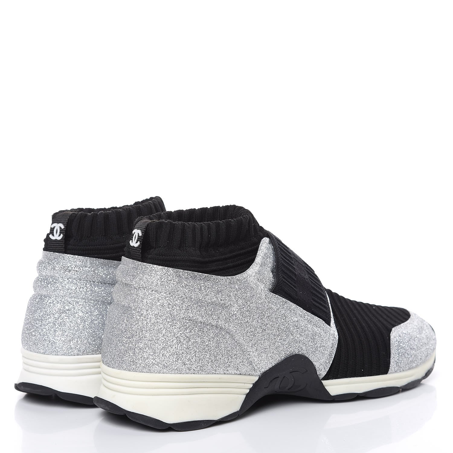 Chanel Glitter Stretch Fabric CC Sneakers 40 Black Silver 4 of 9