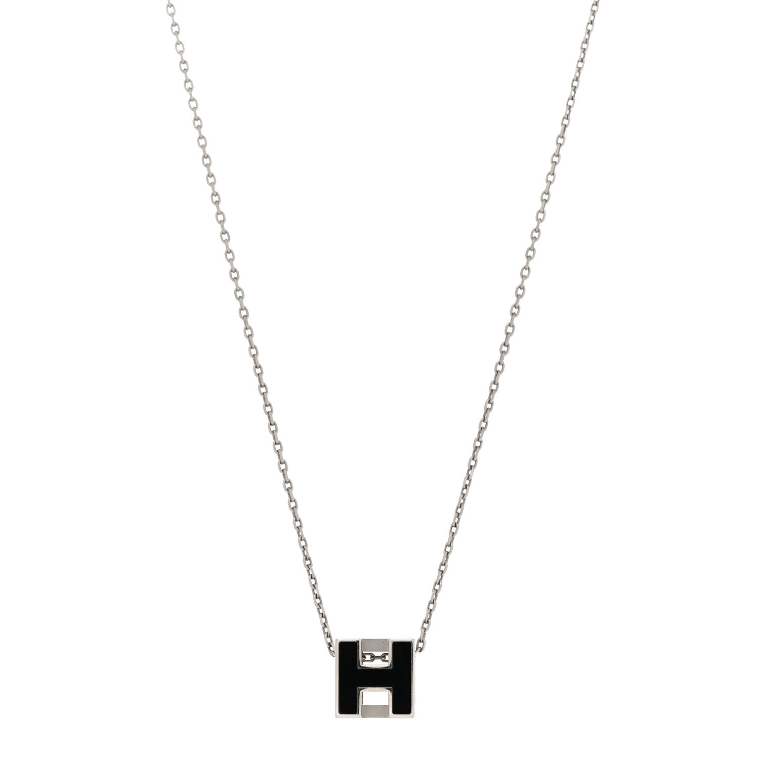 Hermes Lacquered Palladium Cage d'H Pendant Necklace Black 1 of 7