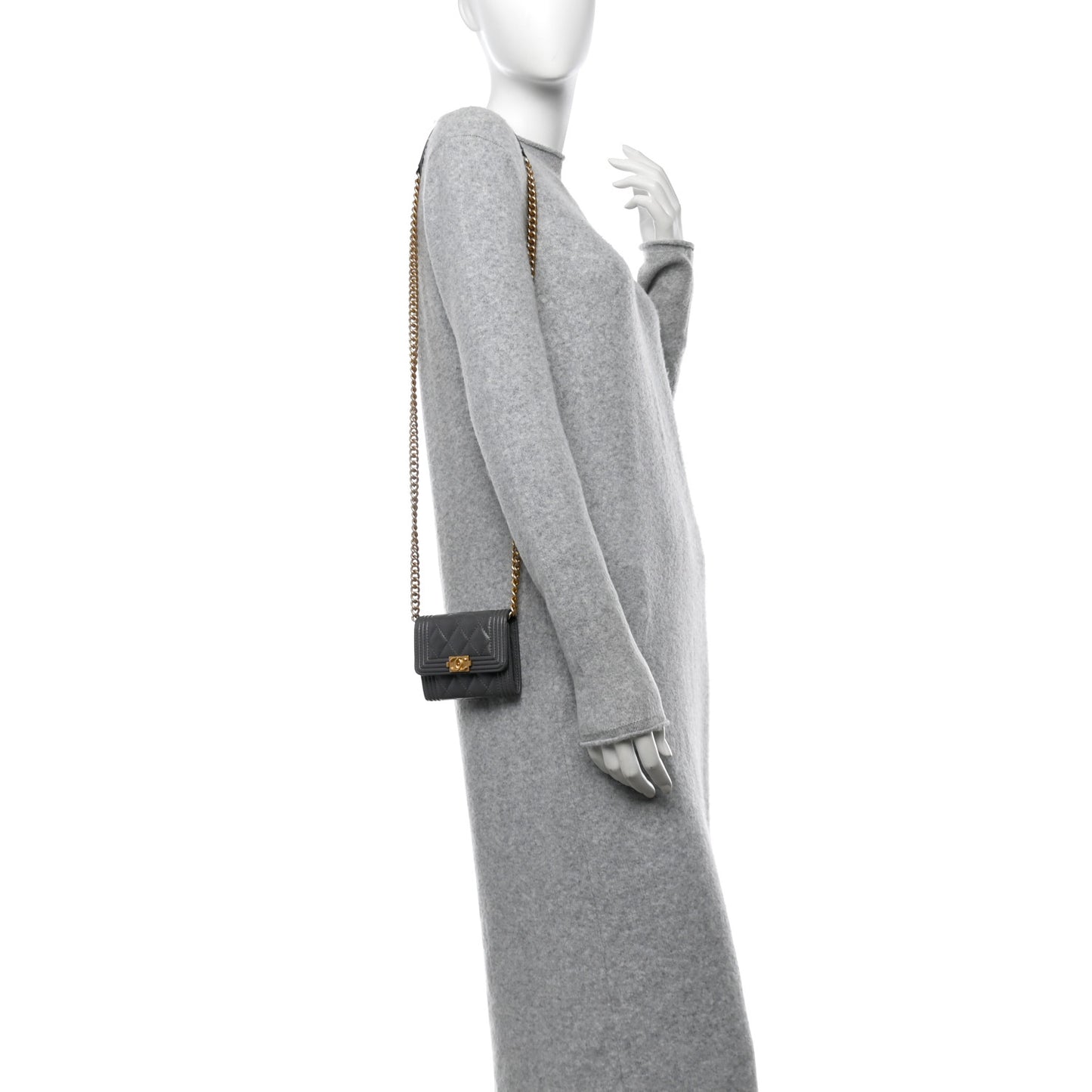 Caviar Quilted Boy Card Holder On Chain Grey