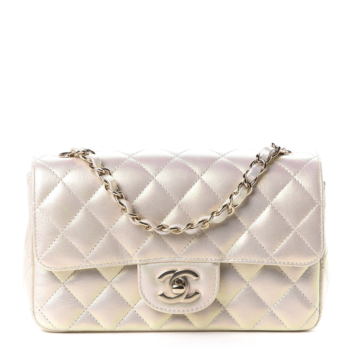 Iridescent Lambskin Quilted Mini Rectangular Flap Ivory