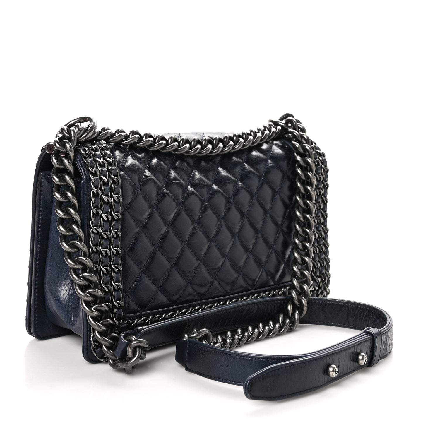 Glazed Calfskin Quilted Medium Boy Chained Flap Blue