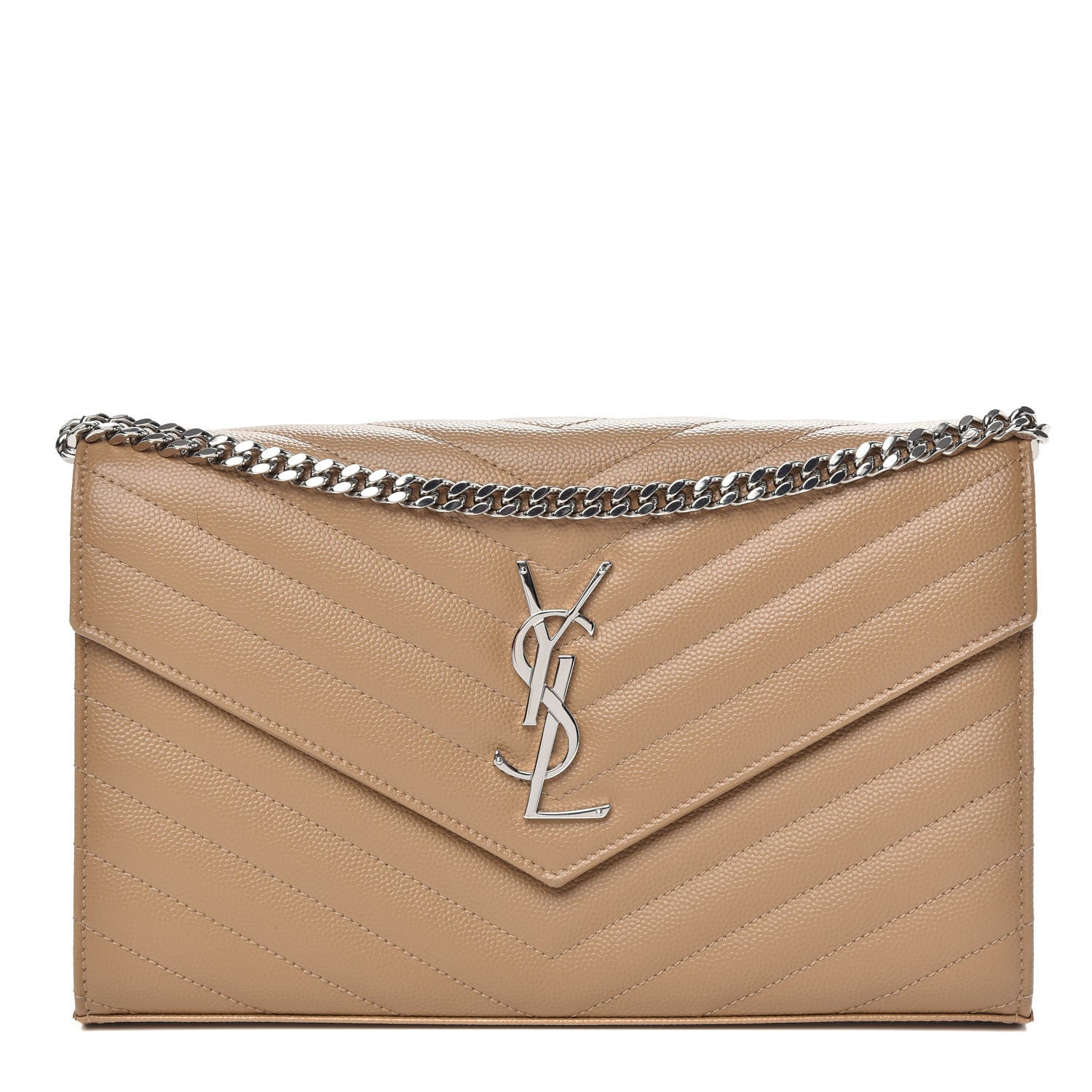 Saint Laurent Grain De Poudre Matelasse Chevron Monogram Chain Wallet Dark Latte 1 of 12