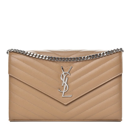 Saint Laurent Grain De Poudre Matelasse Chevron Monogram Chain Wallet Dark Latte 1 of 12