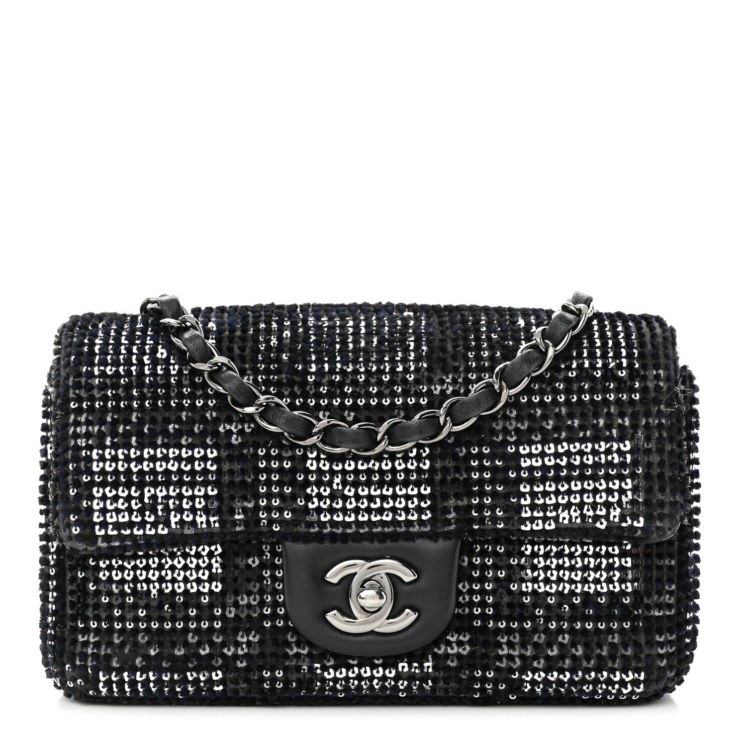 Chanel Sequin Mini Rectangular Single Flap Black Silver 1 of 11