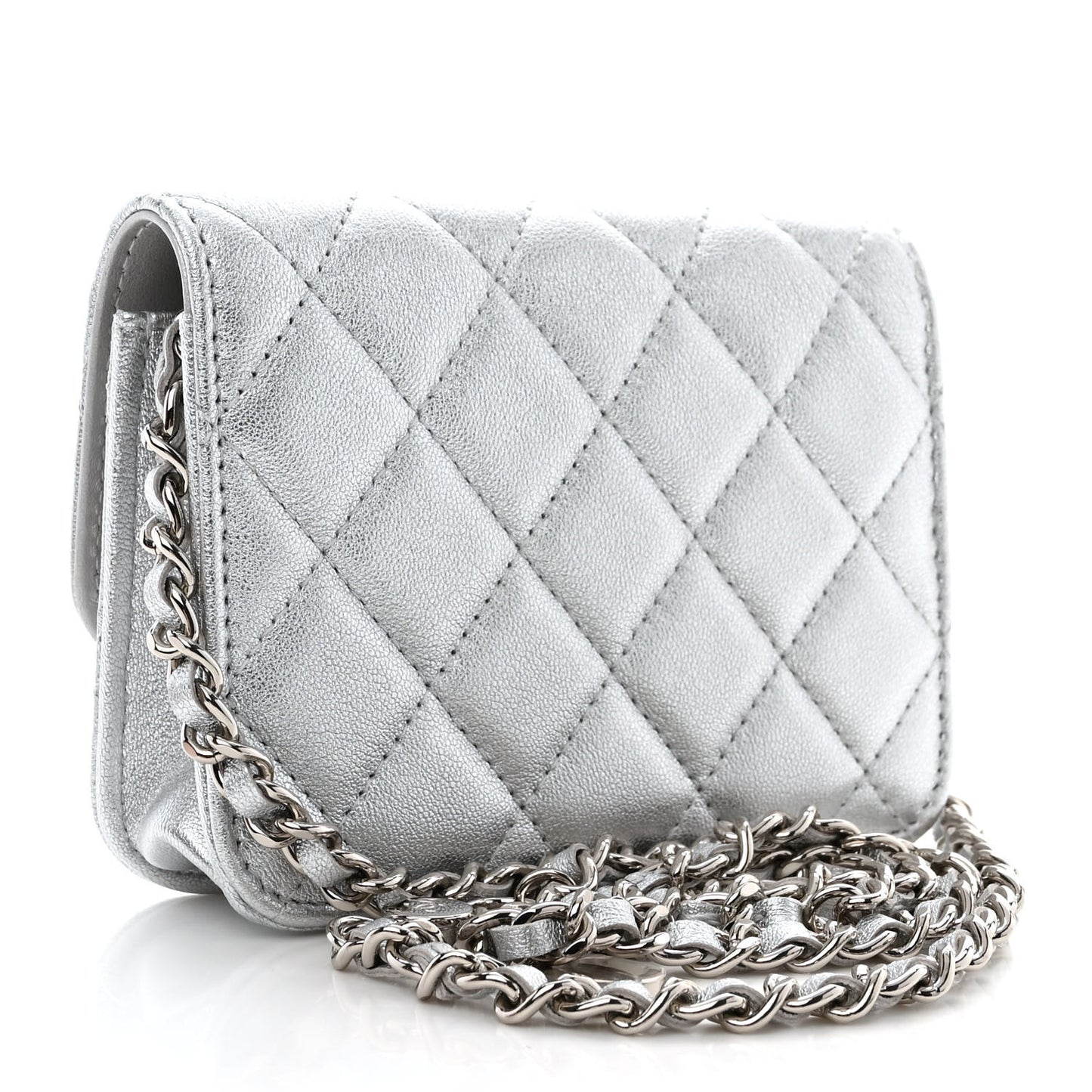 Metallic Goatskin Quilted Star Flap Waist Belt Bag Silver