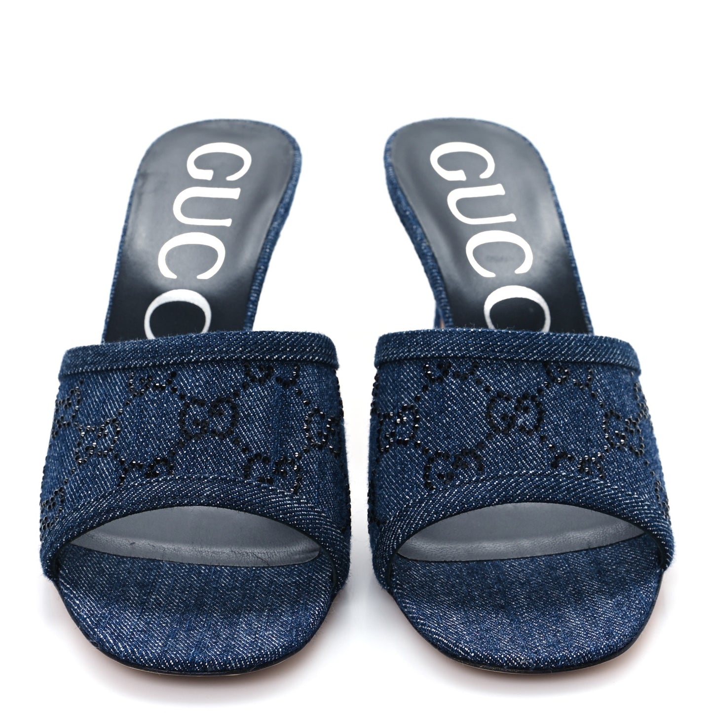Denim Crystal GG Monogram Mules 38 Blue