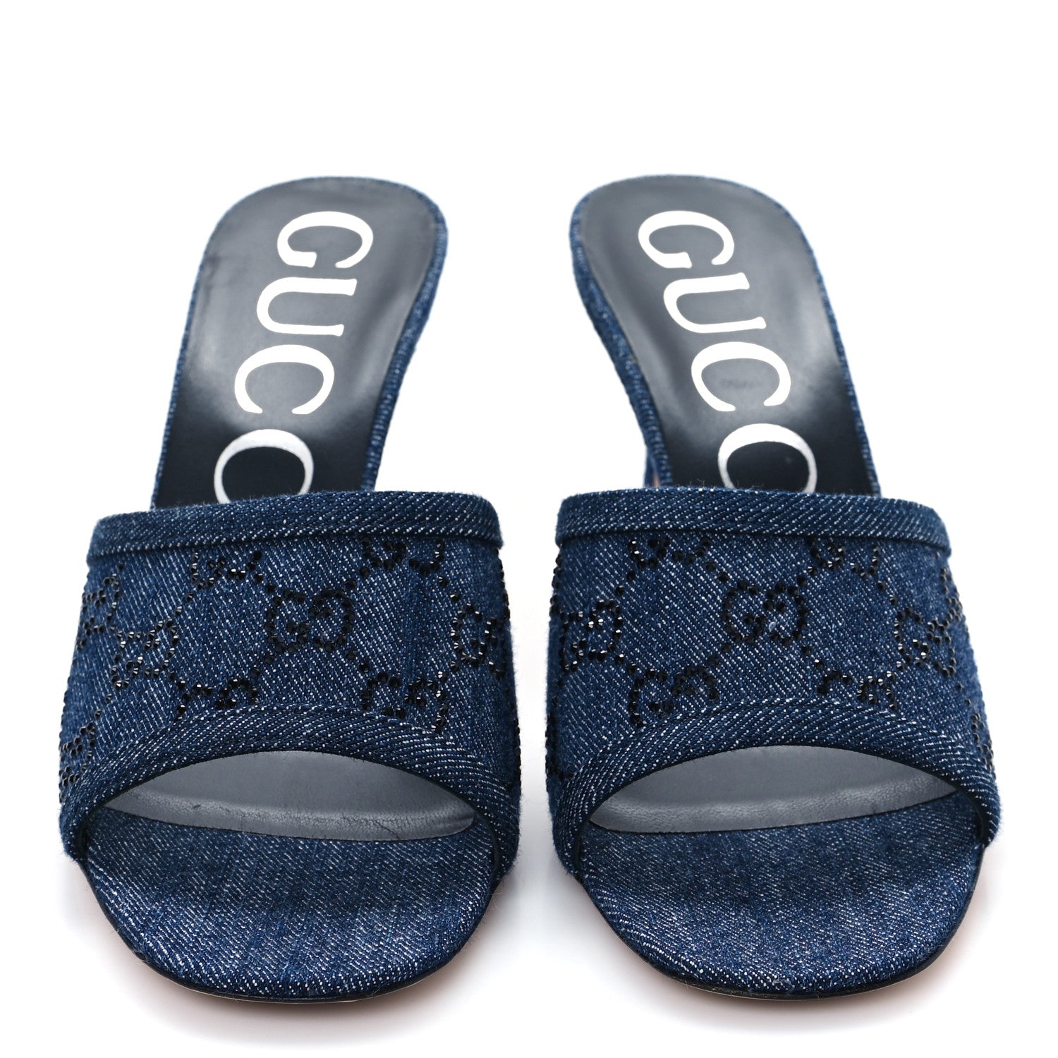 Gucci Denim Crystal GG Monogram Mules 38 Blue 3 of 9