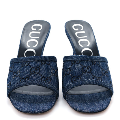 Gucci Denim Crystal GG Monogram Mules 38 Blue 3 of 9
