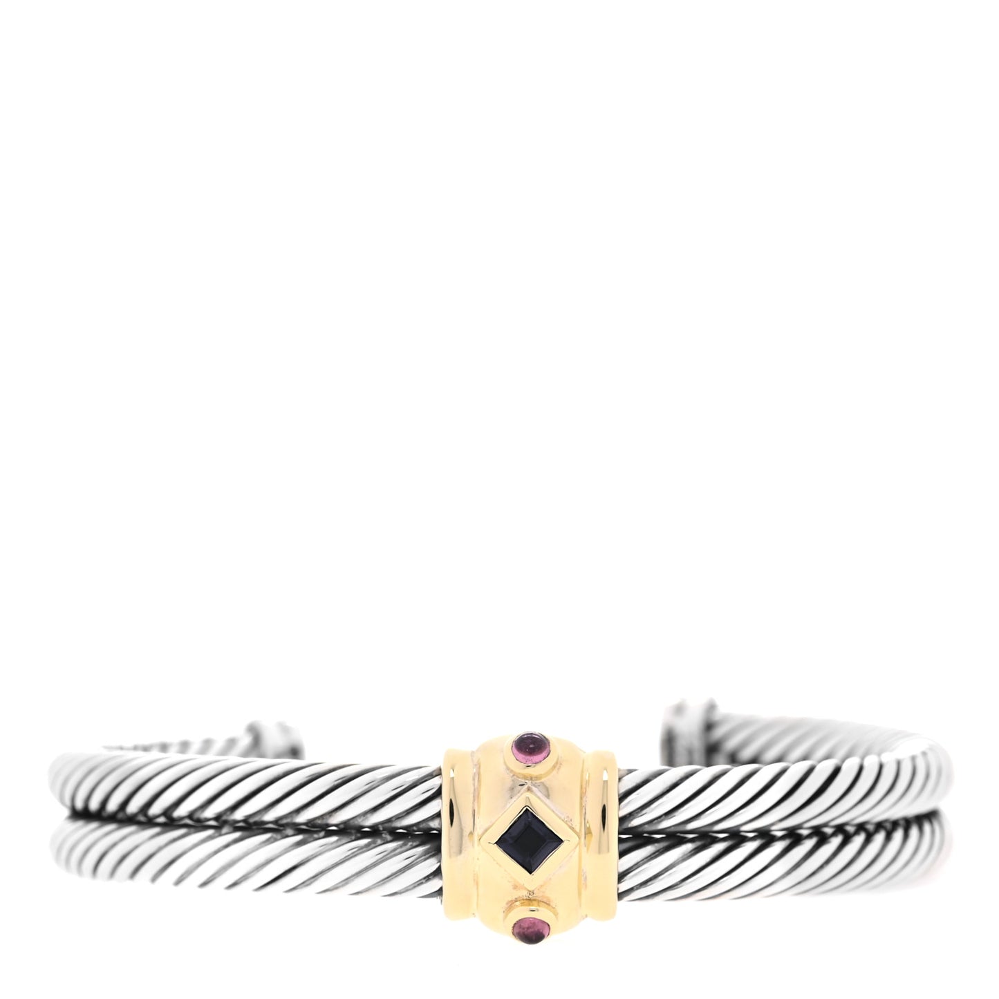 Sterling Silver 14K Yellow Gold Amethyst Pink Tourmaline Renaissance Station Double Cable Bracelet