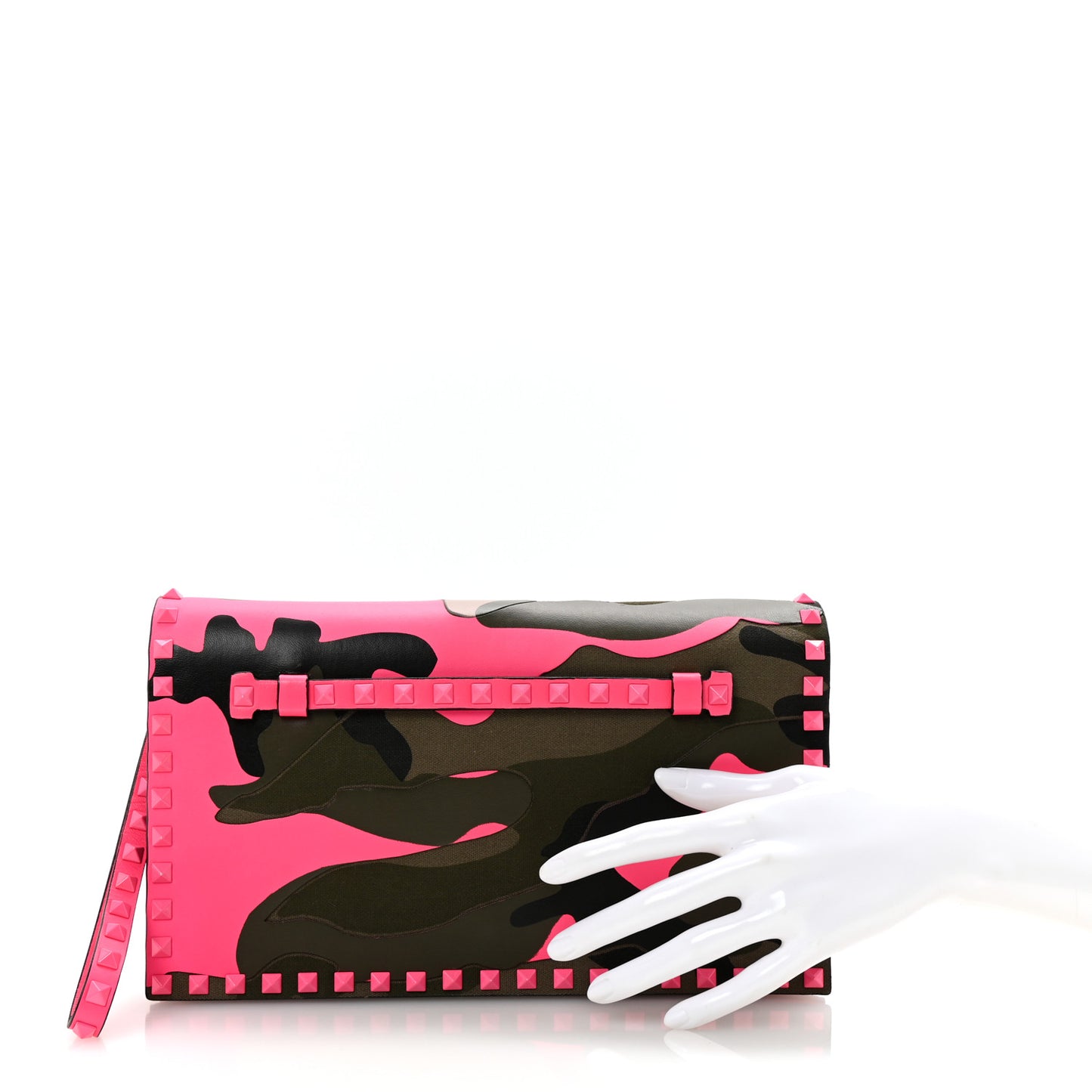 Nappa Canvas Camouflage Rockstud Wristlet Clutch Fuxia Fluo