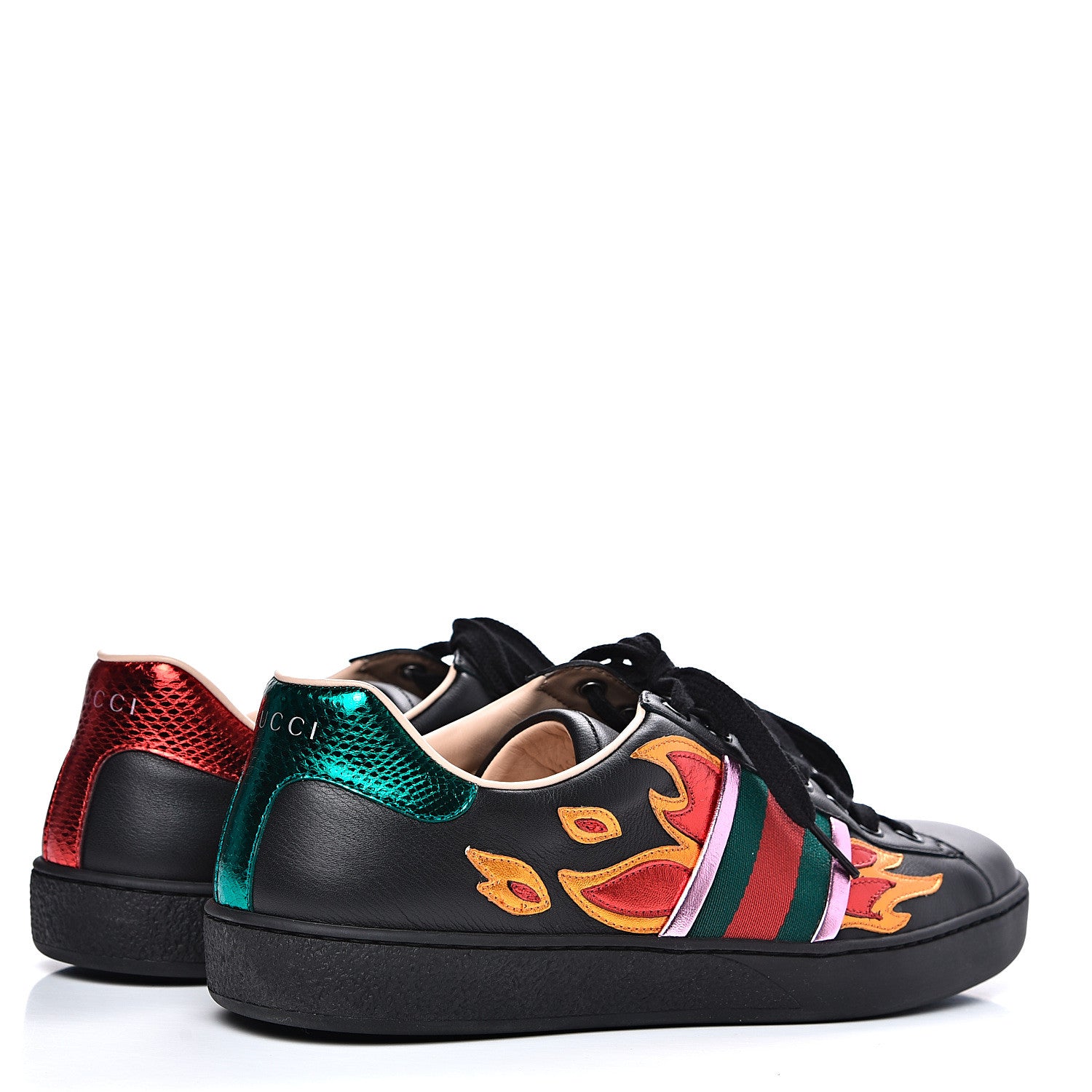 Gucci Calfskin Ayers Web Flames Embroidered Mens Ace Sneakers 7 Black 4 of 9