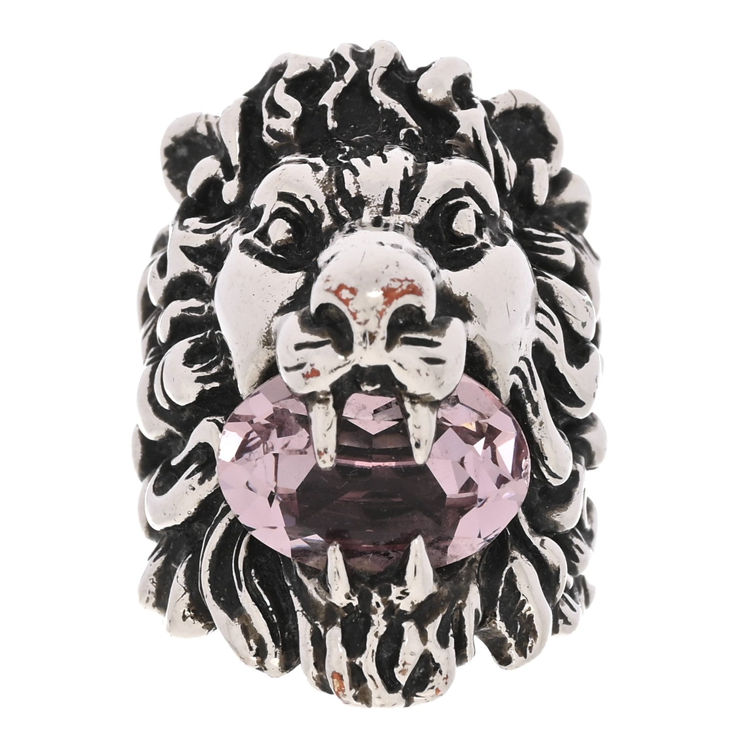 Gucci Metal Crystal Lion Head Ring 53 6.25 Pink Silver 1 of 5