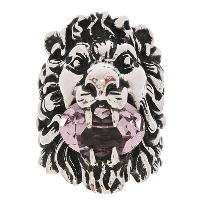 Gucci Metal Crystal Lion Head Ring 53 6.25 Pink Silver 1 of 5