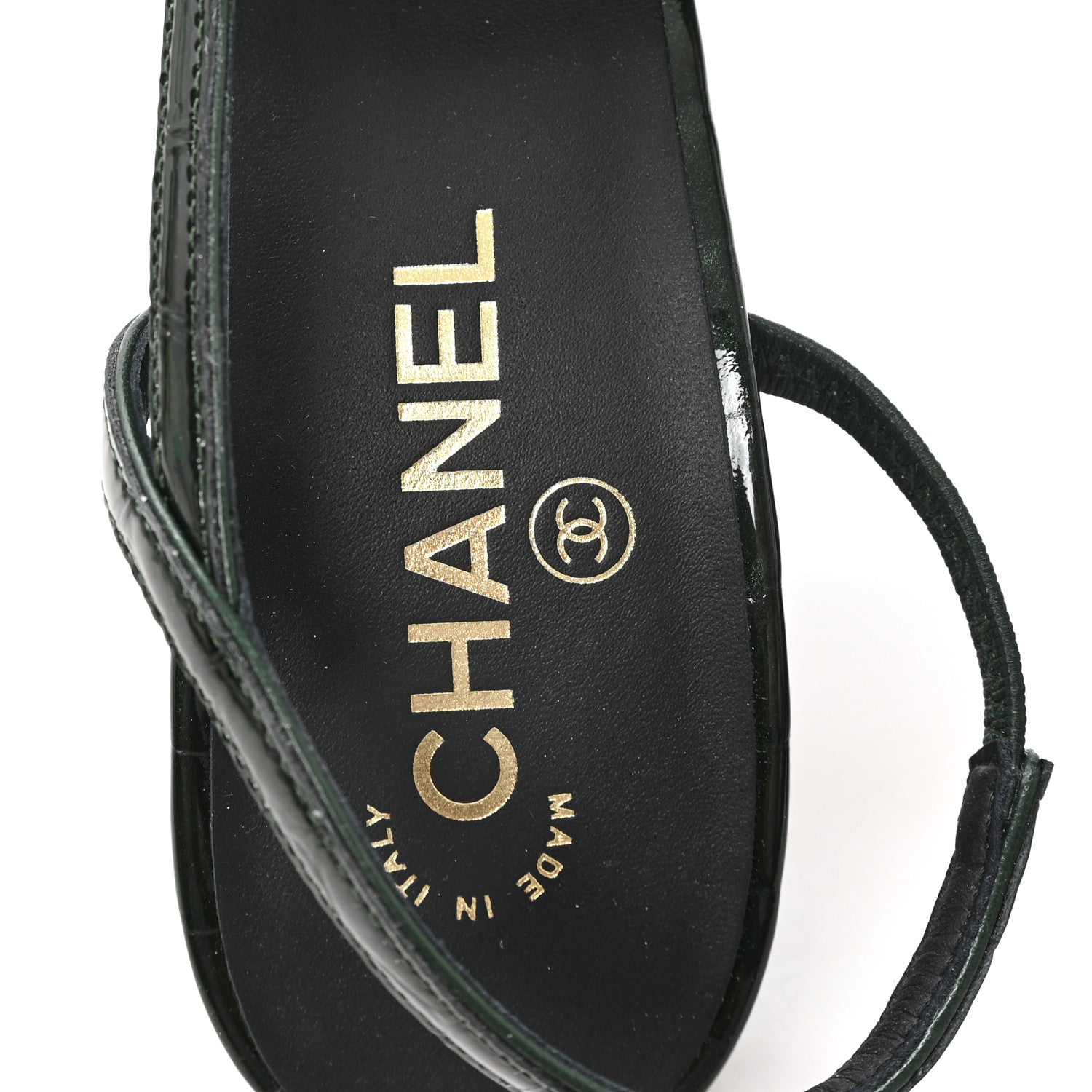 Chanel Patent Calfskin Crocodile Embossed Cap Toe CC Slingback 40 Dark Green Black 8 of 10