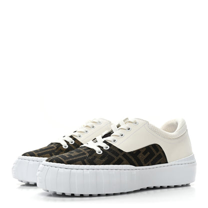 Fendi Fabric Jacquard Vitello Technical Fabric FF Womens Fendi Force Low Top Sneakers 38 Tobacco Black Ultrawhite White 3 of 9