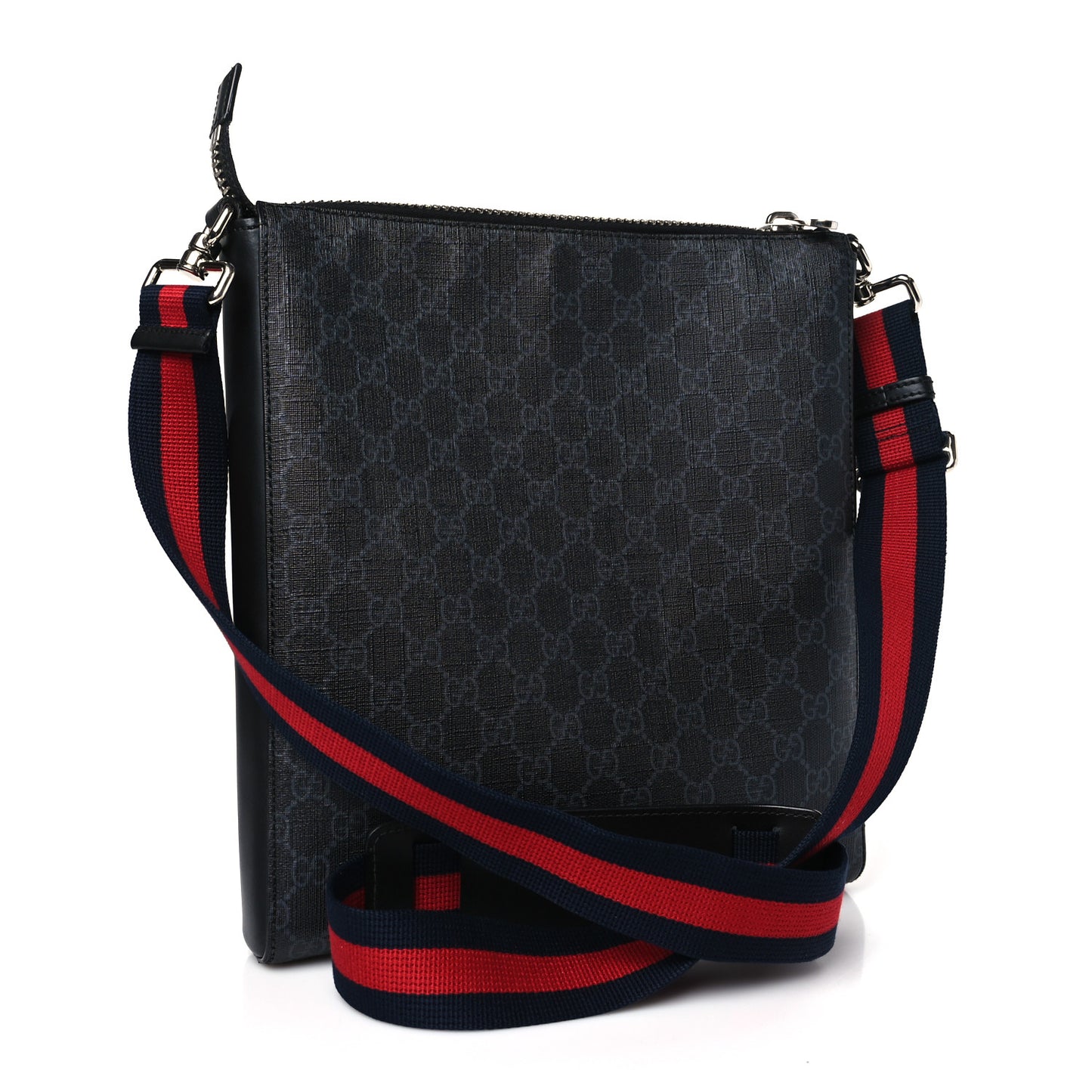 GG Supreme Monogram Appia Calfskin Web Flat Messenger Bag Black Grey