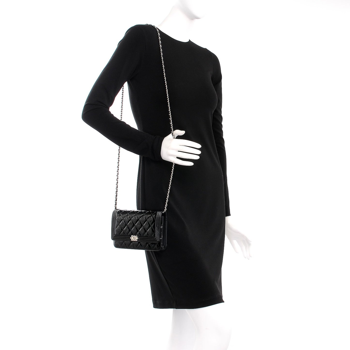 Patent Calfskin Quilted Boy Wallet On Chain WOC Black