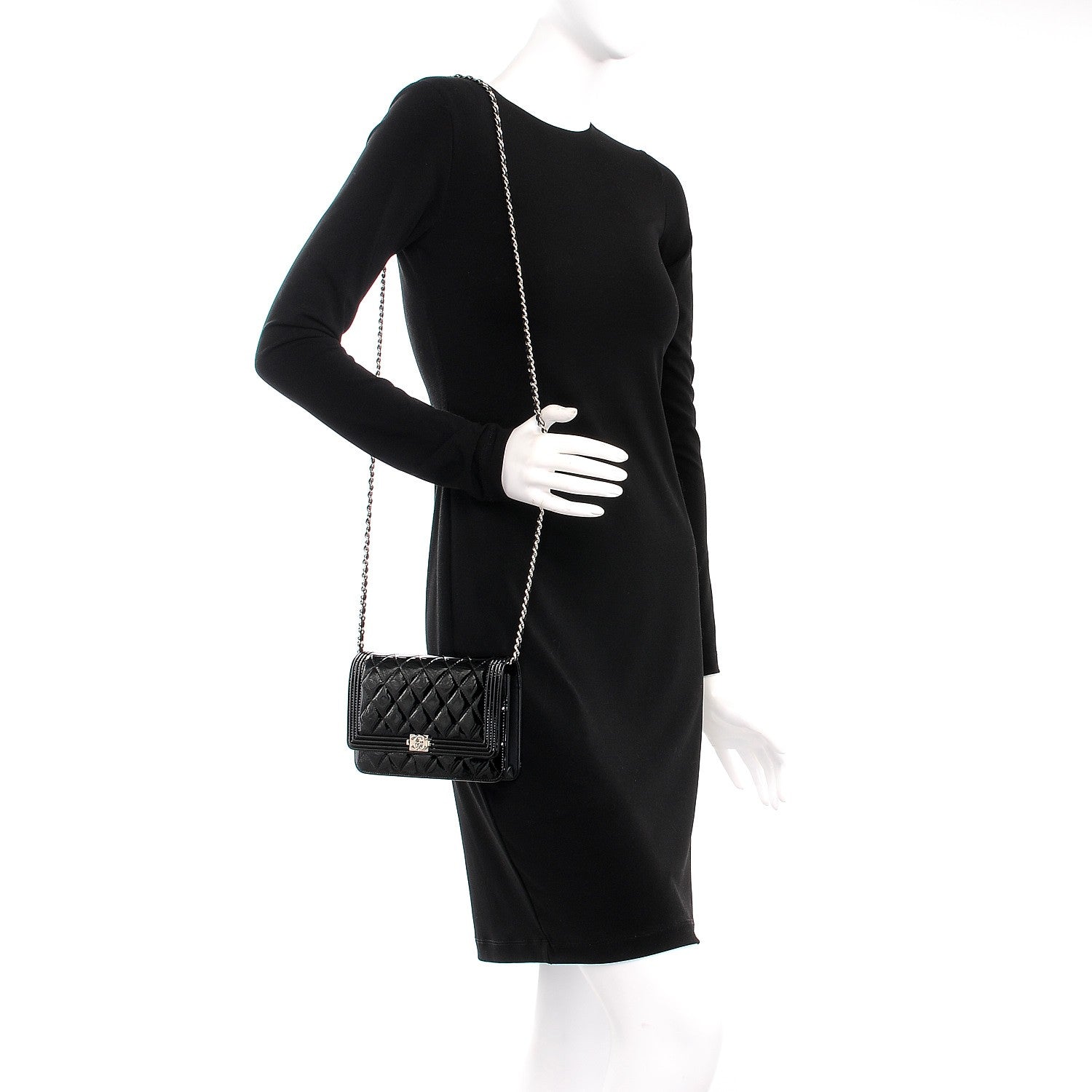 Chanel Patent Calfskin Quilted Boy Wallet On Chain WOC Black 2 of 9